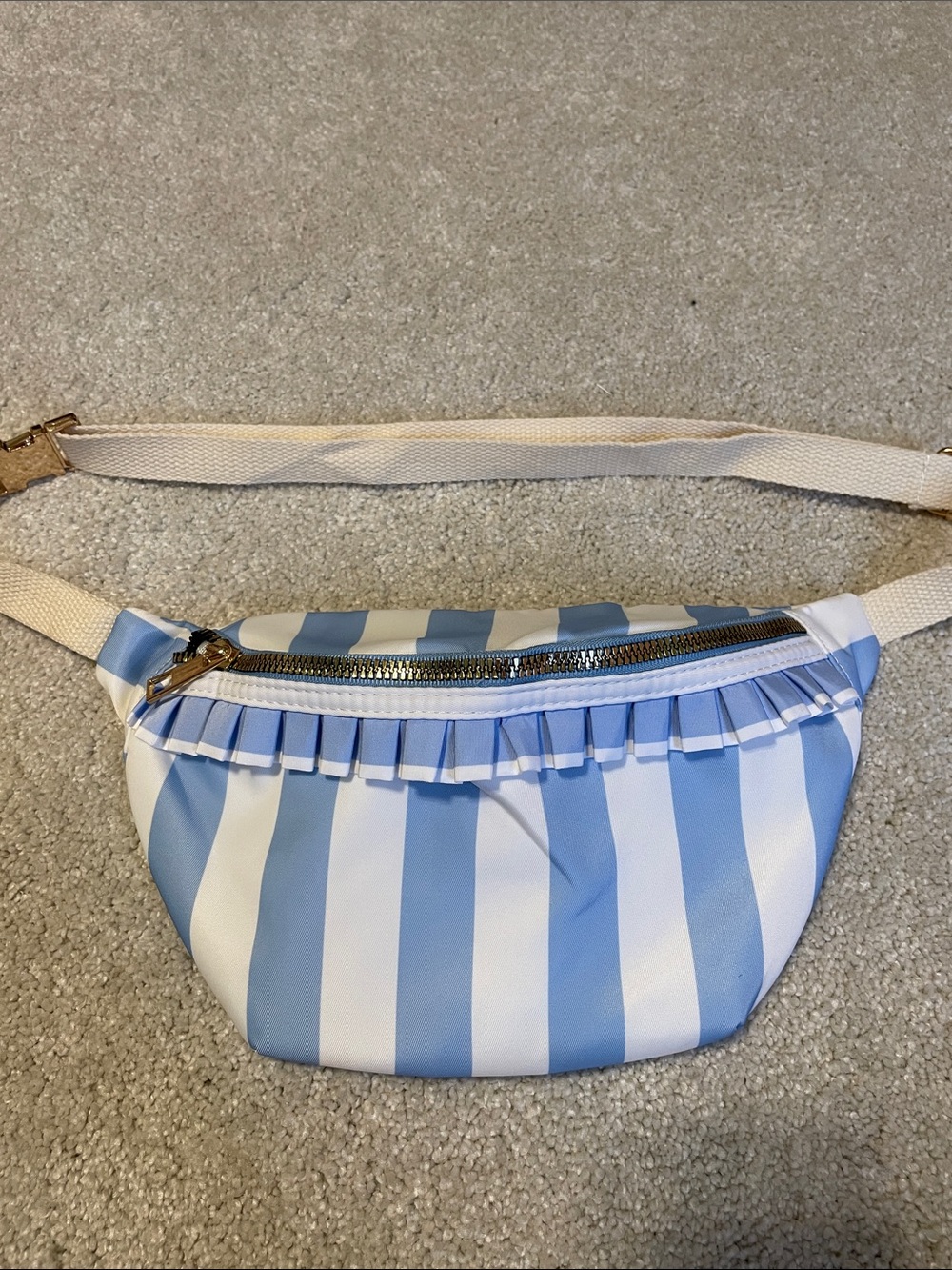 Ruffle Nylon Fanny Pack Belt Bag Blue and White Stripe